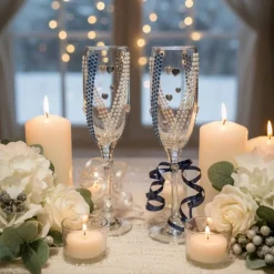 Handverzierte Hochzeitsgläser Blau Weiß mit Perlen & Herzdekor – 2er-Set