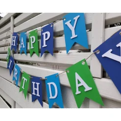 Happy Birthday Girlande Wimpelkette Fahnen Girlande zum Geburtstag Wimpel aus Papier Party Dekoration Blau und Grün