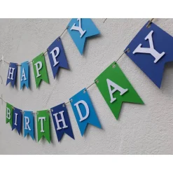 Happy Birthday Girlande Wimpelkette Fahnen Girlande zum Geburtstag Wimpel aus Papier Party Dekoration Blau und Grün