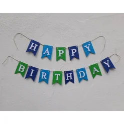 Happy Birthday Girlande Wimpelkette Fahnen Girlande zum Geburtstag Wimpel aus Papier Party Dekoration Blau und Grün