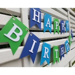 Happy Birthday Girlande Wimpelkette Fahnen Girlande zum Geburtstag Wimpel aus Papier Party Dekoration Blau und Grün