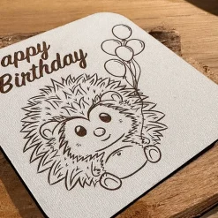 Happy Birthday Glückwunschkarte, Untersetzer, zum Geburtstag, Igel mit Luftballon