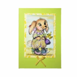 Hase in Schühchen mit Osterglocke Frühling maigrün Grußkarte im vintage look