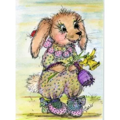 Hase in Schühchen mit Osterglocke Frühling maigrün Grußkarte im vintage look