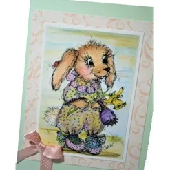 Hase in Schühchen mit Osterglocke Frühling Grußkarte im vintage look