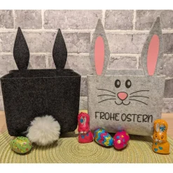 Hasenkörbchen „Frohe Ostern“ aus Filz – Osterkorb mit Ohren und Puschel, Schwarz oder Hellgrau, 14x14x22cm