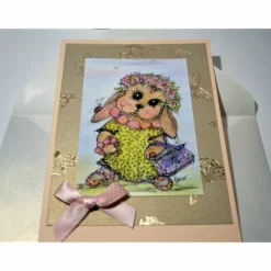 Hasenmädchen mit Kette und Blütenkranz im Frühling Grußkarte als Druck im vintage stil