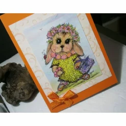 Hasenmädchen mit Kette und Blütenkranz im Frühling Grußkarte als Druck im vintage stil