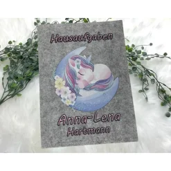 Hausaufgabenheft Hülle Filz Einhorn Mond Grundschule Schulheft Schutzhülle Umschlag Geschenkidee Einschulung