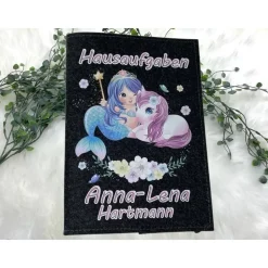 Hausaufgabenheft Hülle Filz Einhorn Meerjungfrau  Grundschule Schulheft Schutzhülle Umschlag Geschenkidee Einschulung