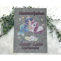 Hausaufgabenheft Hülle Filz Einhorn Meerjungfrau  Grundschule Schulheft Schutzhülle Umschlag Geschenkidee Einschulung