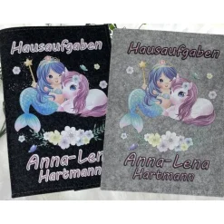 Hausaufgabenheft Hülle Filz Einhorn Meerjungfrau  Grundschule Schulheft Schutzhülle Umschlag Geschenkidee Einschulung