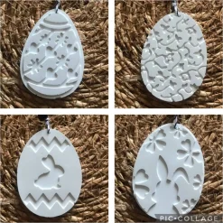 Hübsche Osteranhänger aus Beton, Ostereier, weiß oder grau, mit Bändchen, 8er Set