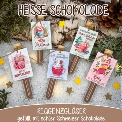 Heiße Schokolade im Reagenzglas aus echter Schweizer Schokolade, Weihnachtsgeschenk, Wichtelgeschenk
