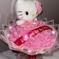 Hello Kitty Rosenstrauß mit 50 Schaumrosen & Lichterkette – Valentinstagsgeschenk