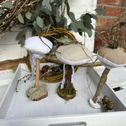 Herbstdeko 3er Set Pilze aus Leinen & Treibholz – Handgemachte Deko im Landhausstil