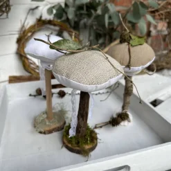 Herbstdeko 3er Set Pilze aus Leinen & Treibholz – Handgemachte Deko im Landhausstil