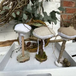 Herbstdeko 3er Set Pilze aus Leinen & Treibholz – Handgemachte Deko im Landhausstil