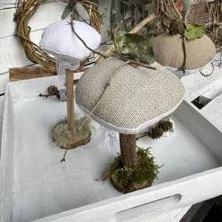 Herbstdeko 3er Set Pilze aus Leinen & Treibholz – Handgemachte Deko im Landhausstil