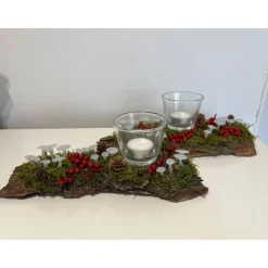 Herbstgesteck Herbstdeko Ledpilze Teelicht Baumrinde