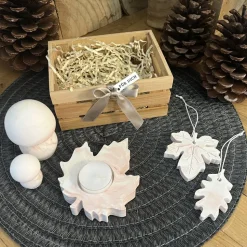 Herbstliches Geschenkset „Für Dich“ Handgemachte Raysin-Deko in Bambuskiste Pilze Blätteranhänge Terracotta-Marmorierung