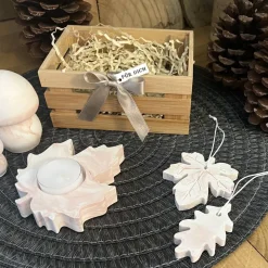 Herbstliches Geschenkset „Für Dich“ Handgemachte Raysin-Deko in Bambuskiste Pilze Blätteranhänge Terracotta-Marmorierung