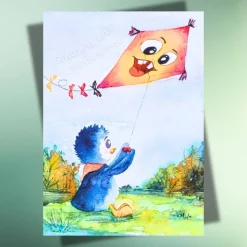 Herbst-Postkarte mit Pinguin & Drachen – Lustige Grußkarte DIN A6 auf Kraftpapier