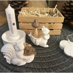 Herbstzauber Geschenkset handgemachte Raysin-Deko mit Eichhörnchen Kürbissen & Kerzenlicht