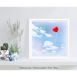 HERZ - ROTER BALLON Romantisches Bild auf Holz Leinwand Kunstdruck Geschenk Wandbild Landhausstil Shabby Chic