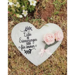Herz aus Beton mit Schriftzug und Kunstrose Grabschmuck Trauer Grabgesteck Grabherz