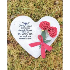 Herz aus Beton mit Schriftzug und Kunstrose Grabschmuck Trauer Grabgesteck Grabherz