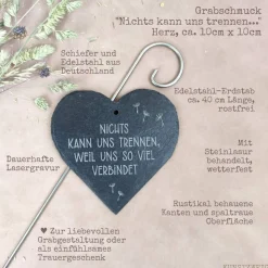 Herz Grabschmuck, Schieferherz Grabdekoration, gravierte Schiefertafel zur Trauerbekundung, Grabdeko zu Allerheiligen/Al
