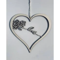 Herz mit Rose und Love Schriftzug, Holzherz als Hochzeitsdekoration oder Geschenk zum Valentinstag