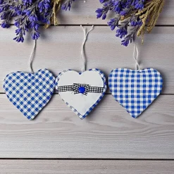 Herzanhänger im 3-er Set, Stoffherzen zum aufhängen blau und weiß kariert