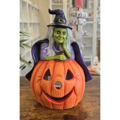 Hexe und Halloweenkürbis - Dekofigur - Halloween - Keramik - Teelicht oder Lichterkette