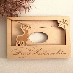 Hülle für Geschenkgutschein "Frohe Weihnachten" Hirsch, Geldgeschenk, Holz