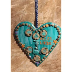 Hängedeko MEERESHERZ MARITIM Acrylmalerei Collage auf Holzherz Fensterdeko Muttertagsgeschenk Vatertagsgeschenk