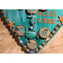 Hängedeko MEERESHERZ MARITIM Acrylmalerei Collage auf Holzherz Fensterdeko Muttertagsgeschenk Vatertagsgeschenk