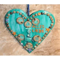 Hängedeko MEERESHERZ MARITIM Acrylmalerei Collage auf Holzherz Fensterdeko Muttertagsgeschenk Vatertagsgeschenk