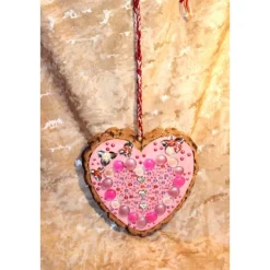 Hängedeko RINDENHERZ PINK Acrylmalerei Collage auf Holzherz Fensterdeko Wohndeko Muttertagsgeschenk Vatertagsgeschenk