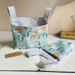 Hängeutensilo EINHORN BLAU Aufbewahrung für Bett Hochstuhl Kinderzimmer aus Baumwolle genäht Fabelwesen Punkte Geschenk