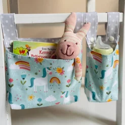 Hängeutensilo EINHORN BLAU Aufbewahrung für Bett Hochstuhl Kinderzimmer aus Baumwolle genäht Fabelwesen Punkte Geschenk