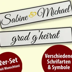 Hochzeit Deko Kennzeichen personalisiert mit Namen u. grod gheirat. Hochzeitskennzeichen selbst gestalten. Div. Schrifta