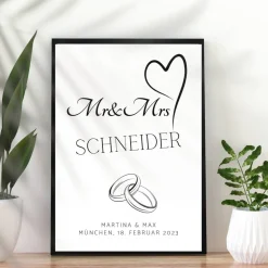 Hochzeit Geschenk Brautpaar | Hochzeitsgeschenk Poster Personalisiert | Mr & Mrs Ehering silber