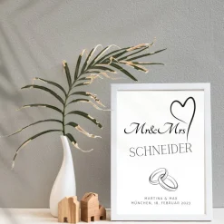 Hochzeit Geschenk Brautpaar | Hochzeitsgeschenk Poster Personalisiert | Mr & Mrs Ehering silber