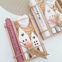 Hochzeit Geschenkset Hochzeitsgeschenk Häuser / Lichthäuser Kerzenhalter Herz Kerzenset  Stabkerze Kerzenbox Holzbox Mit