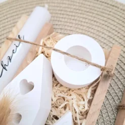 Hochzeit Geschenkset Hochzeitsgeschenk Häuser / Lichthäuser Kerzenhalter rund Kerzenset Stabkerze Kerzenbox Holzbox Mitb