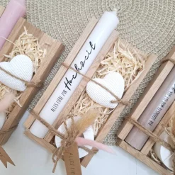 Hochzeit Geschenkset Hochzeitsgeschenk Dekoherz Kerzenhalter rund Kerzenset Stabkerze Kerzenbox Holzbox Mitbringsel