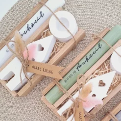 Hochzeit Geschenkset Hochzeitsgeschenk Haus / Lichthaus Kerzenhalter rund Kerzenset Stabkerze Kerzenbox Holzbox Mitbrin