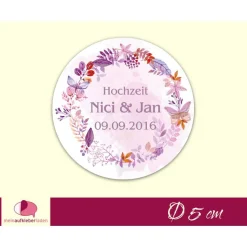 Hochzeitsaufkleber | Blumenkranz - mit Blättern & Schmetterlingen - flieder braun